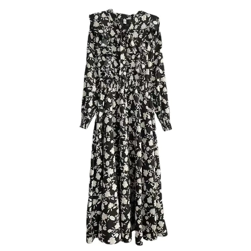 Robe Fleurie à Manches Longues – Longueur Mi-mollet pour Femme