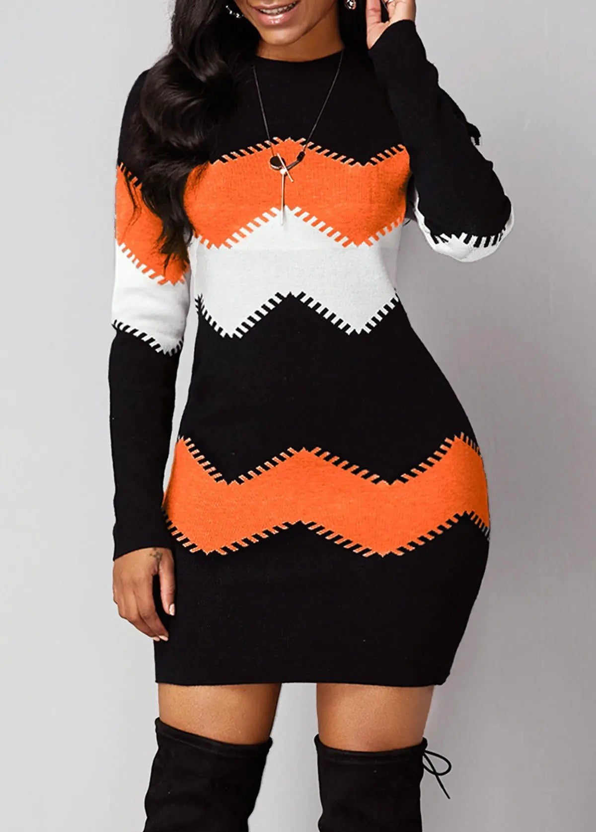Robe Pull Tricotée Imprimée à Manches Longues – Coupe Mi-longue