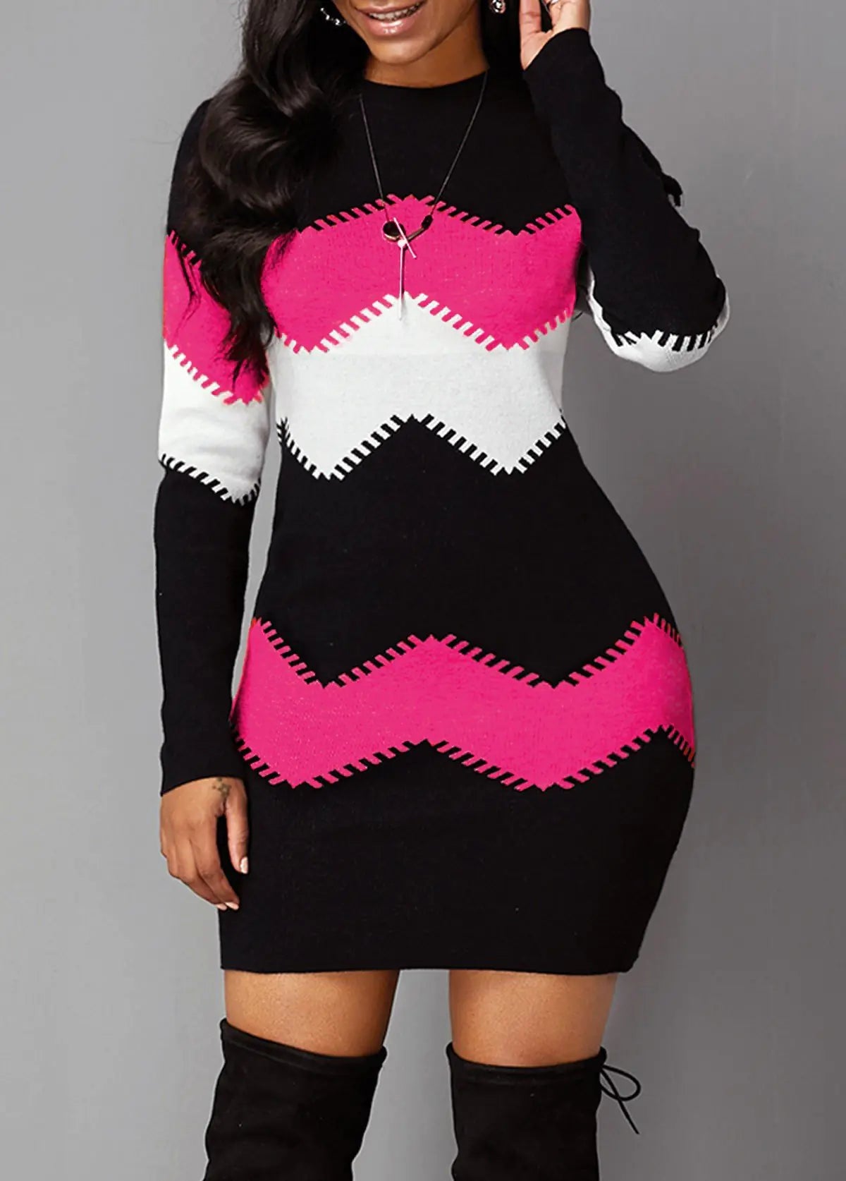 Robe Pull Tricotée Imprimée à Manches Longues – Coupe Mi-longue