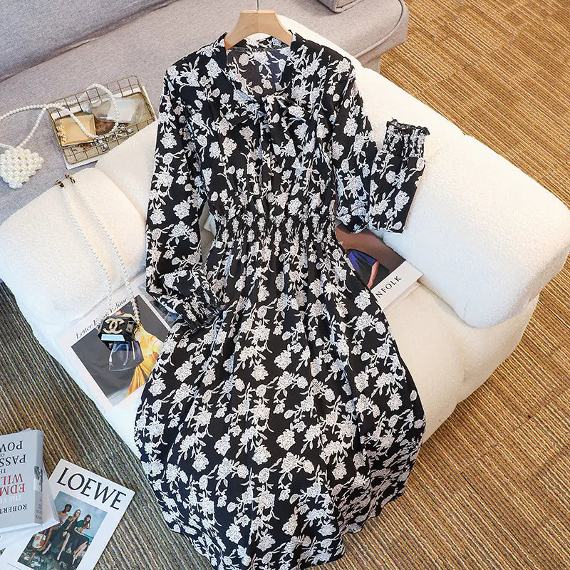 Robe Fleurie à Manches Longues – Longueur Mi-mollet pour Femme