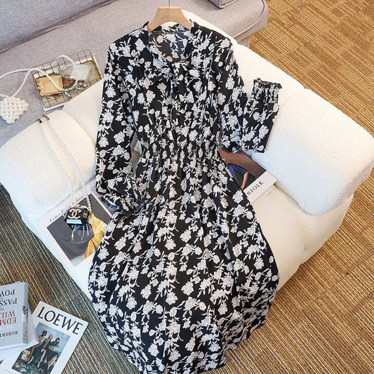 Robe Fleurie à Manches Longues – Longueur Mi-mollet pour Femme