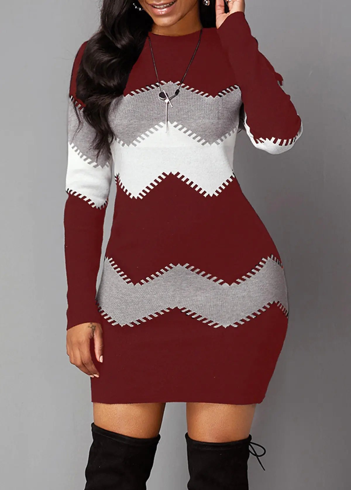 Robe Pull Tricotée Imprimée à Manches Longues – Coupe Mi-longue