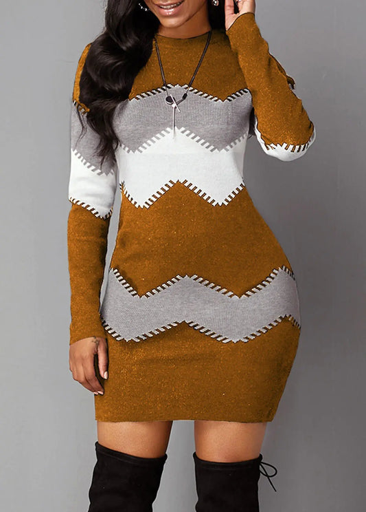 Robe Pull Tricotée Imprimée à Manches Longues – Coupe Mi-longue